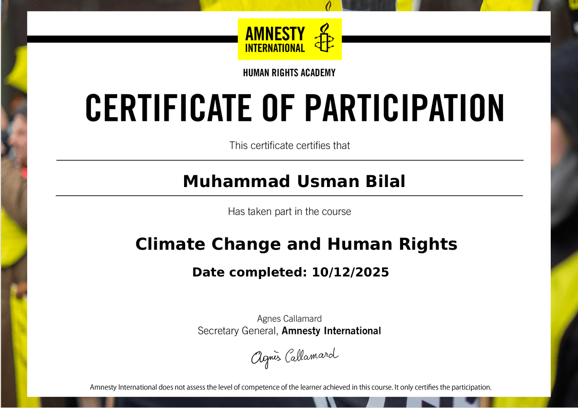 A certificate for Climate Change and Environmental Awareness