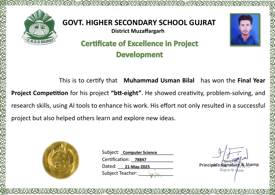 A certificate for Excellence in Final Year Project