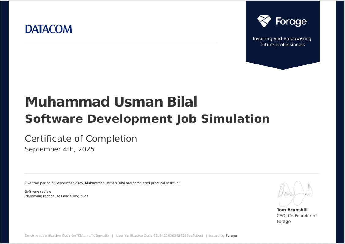 A certificate for Software Development Job Simulation